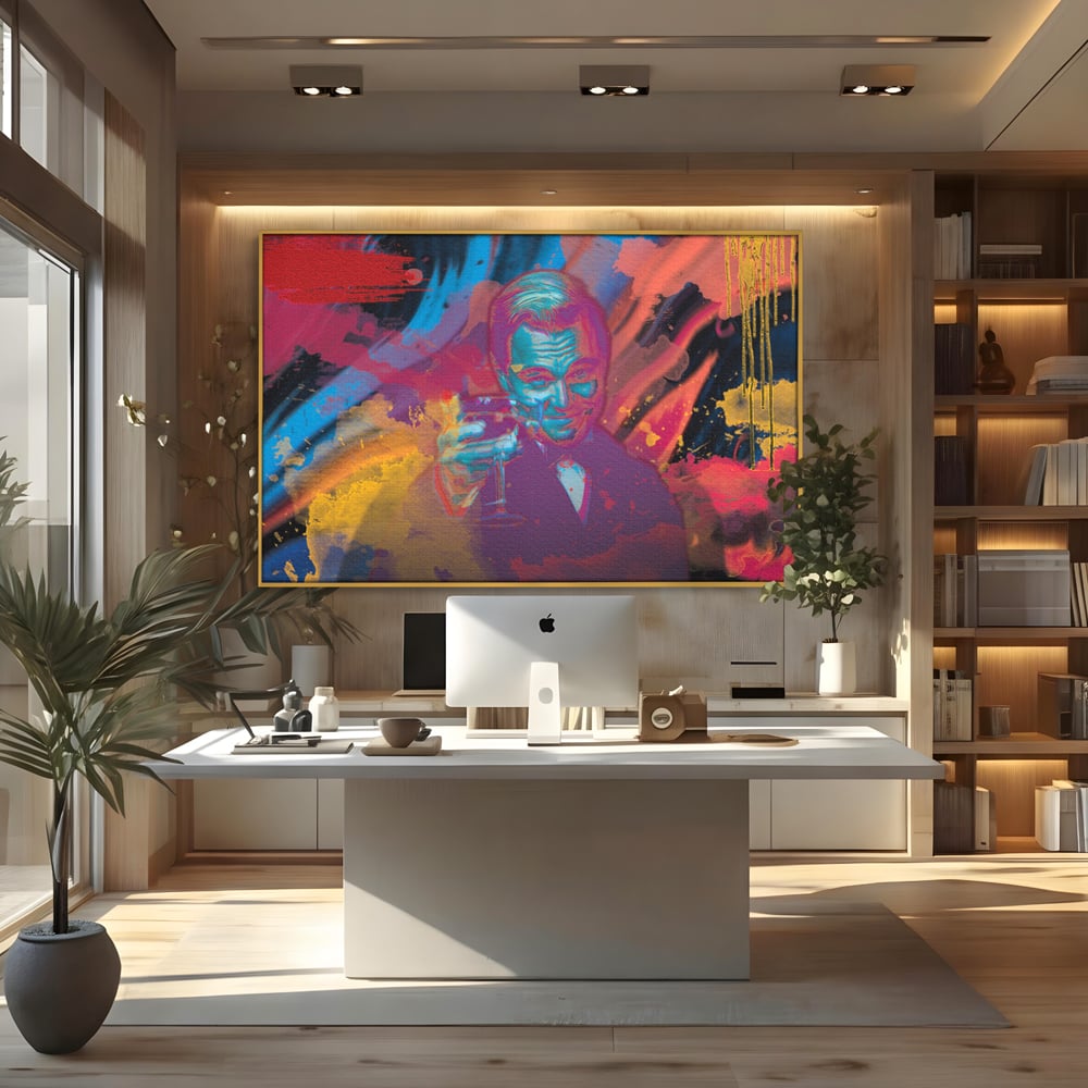 Tablou canvas cu tablou canvas cu leonardo dicaprio, in rama de aluminiu auriu, pe perete intr-un birou